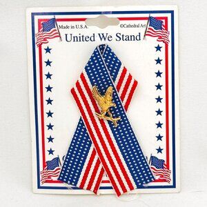 Vintage Patriotic Ribbon Pin w/Gold Tone Eagle On American Flag